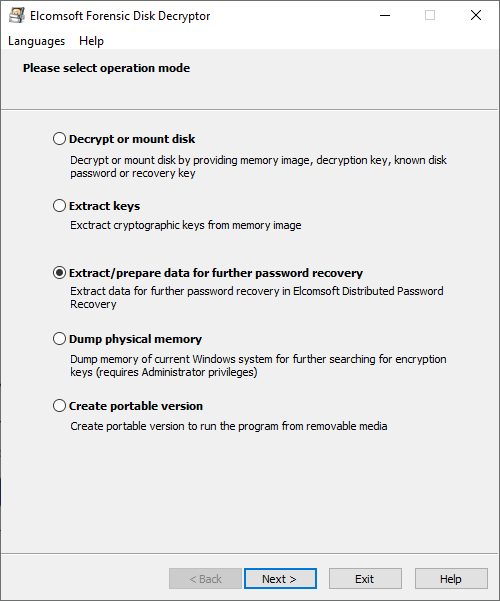 Extract data for further password recovery