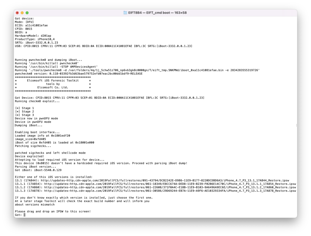 Elcomsoft iOS Forensic Toolkit for macOS. Applying checkm8 exploit to the device.