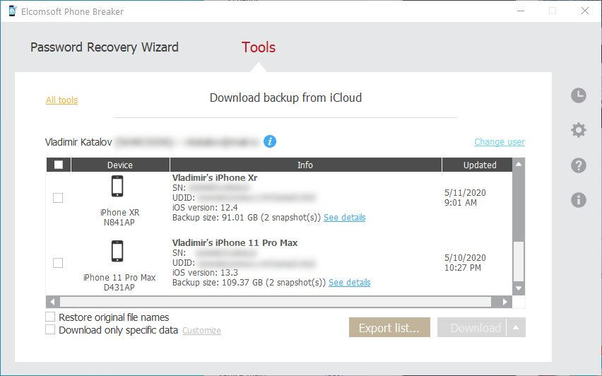 Elcomsoft Phone Breaker: download backups from iCloud